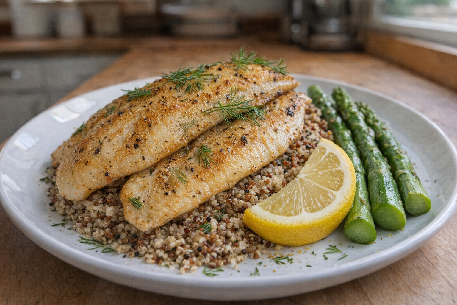 A beautifully plated dish featuring pan-seared tilapia fillets served over a bed of quinoa, with steamed asparagus and a lemon wedge. The dish is garnished with fresh dill.